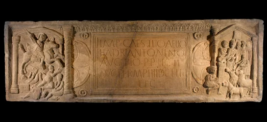 The Bridgeness Slab, detail from a sandstone distance slab, symbolising the Roman conquest, from Bridgeness, West Lothian, c.142 AD